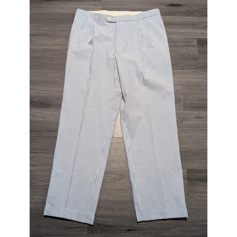 Berle Men's Blue & White Striped Pleated & Cuffed Seersucker Pants Size 38x32